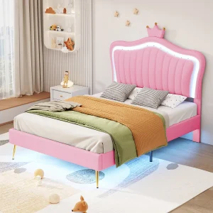 Gestoffeerd bed 90×200 cm, meisjesbed kroon roze, PU-leer, LED, lades en lattenbodem inbegrepen