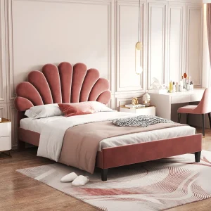 Gestoffeerd bed 140×200 cm bloemvormig hoofdeinde, lattenbodem inbegrepen, baksteenrood fluweel, volwassenen of junior