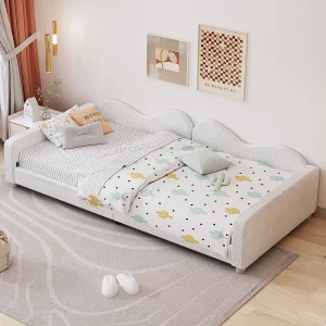 Gestoffeerd kinderbed 90×200 cm, Teddy stof slaapbank, rugleuning en armleuningen, multifunctioneel bed, wit Gestoffeerd kinderbed 90×200 cm, Teddy stof slaapbank, rugleuning en armleuningen, multifunctioneel bed, wit