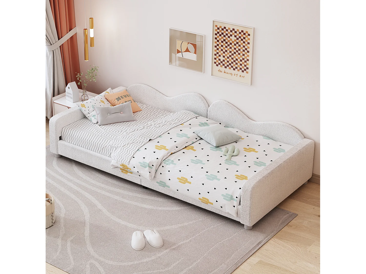 Gestoffeerd kinderbed 90x200 cm, Teddy stof slaapbank, rugleuning en armleuningen, multifunctioneel bed, wit