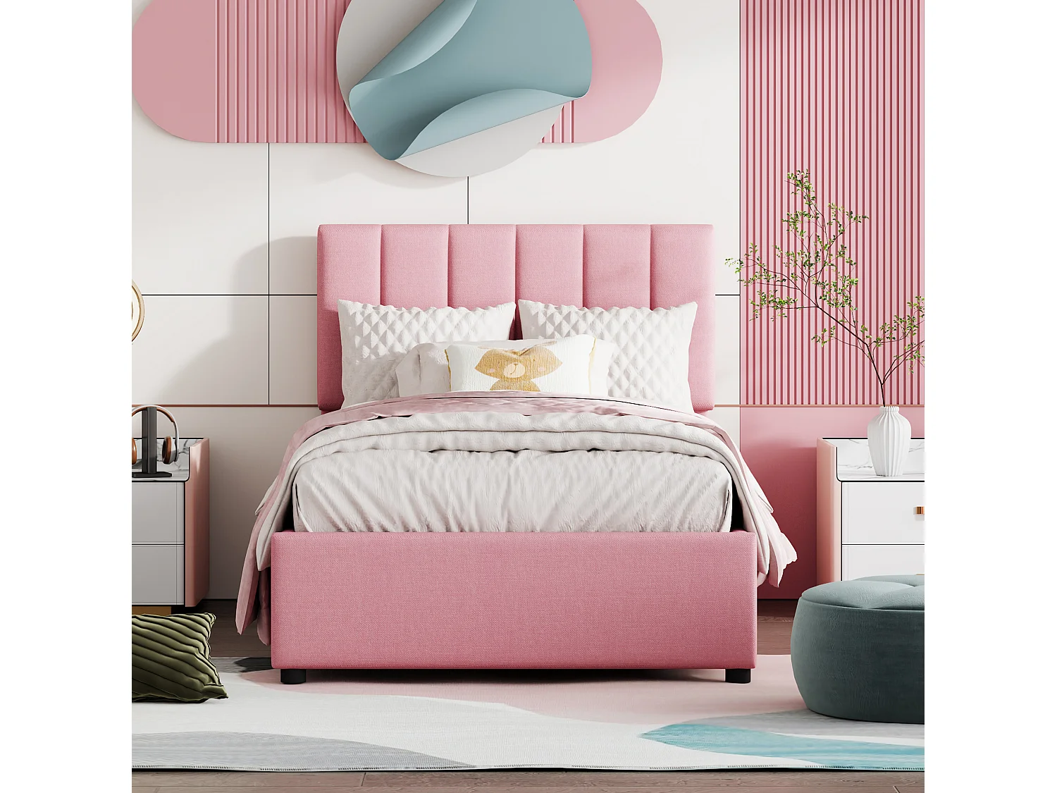 Gestoffeerd kinderbed 90x200 cm met hydraulische opbergruimte, lattenbodem inbegrepen, roze linnen fluweel, multifunctioneel bed