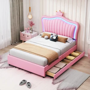Gestoffeerd kinderbed 90×200 cm, roze PU-leer kroonbed voor meisjes, lades, LED en lattenbodem inbegrepen Gestoffeerd kinderbed 90×200 cm, roze PU-leer kroonbed voor meisjes, lades, LED en lattenbodem inbegrepen