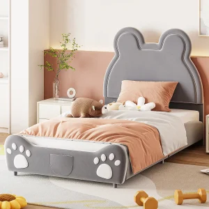 Gestoffeerd kinderbed 90×200 cm, berenbed, grijs fluweel, eenpersoonsbed Gestoffeerd kinderbed 90×200 cm, berenbed, grijs fluweel, eenpersoonsbed