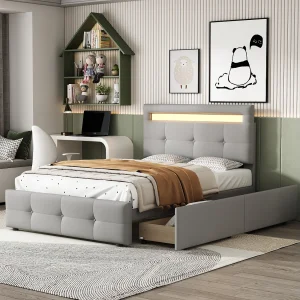 Gestoffeerd bed 90×200 cm met LED, 2 lades, linnen fluweel grijs, multifunctioneel kinderbed, functioneel
