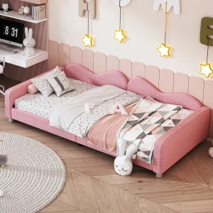 Gestoffeerd kinderbed 90×200 cm, Teddy stof slaapbank, rugleuning en armleuningen, multifunctioneel bed, roze Gestoffeerd kinderbed 90×200 cm, Teddy stof slaapbank, rugleuning en armleuningen, multifunctioneel bed, roze