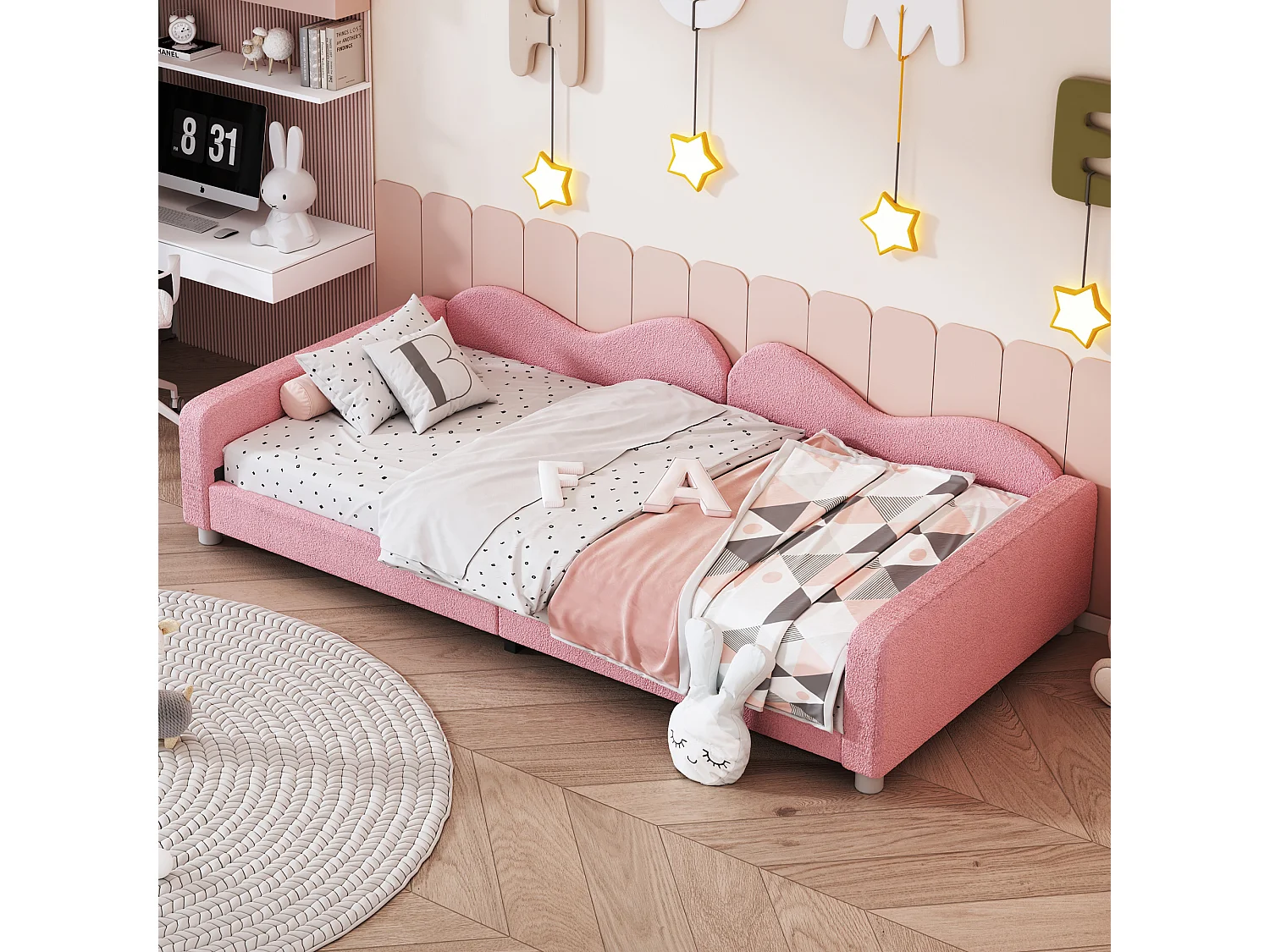 Gestoffeerd kinderbed 90x200 cm, Teddy stof slaapbank, rugleuning en armleuningen, multifunctioneel bed, roze