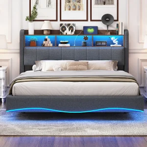 Hangend modern design bed 160×200 cm in linnenstof, multifunctioneel opbergbed met LED-verlichting en USB-aansluitingen