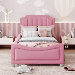 Gestoffeerd kinderbed 90×200 cm, flanel slaapbank, rugleuning en armleuningen, ouder-kind bed, multifunctioneel, roze Gestoffeerd kinderbed 90×200 cm, flanel slaapbank, rugleuning en armleuningen, ouder-kind bed, multifunctioneel, roze