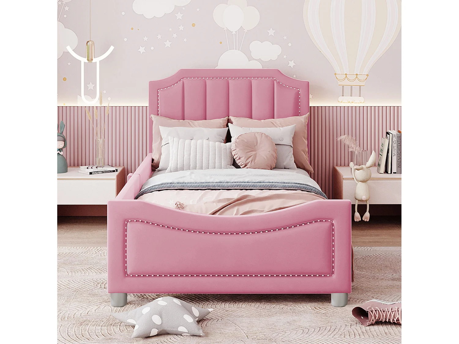 Gestoffeerd kinderbed 90x200 cm, flanel slaapbank, rugleuning en armleuningen, ouder-kind bed, multifunctioneel, roze
