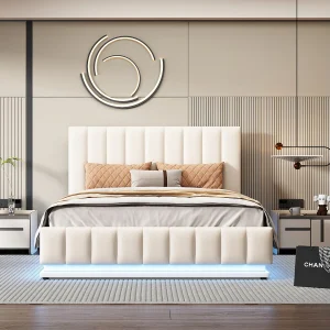 Gestoffeerd bed 140 x 200 cm met LED, metalen lattenbodem en opbergruimte, verstelbare hoofdbord Gestoffeerd bed 140 x 200 cm met LED, metalen lattenbodem en opbergruimte, verstelbare hoofdbord