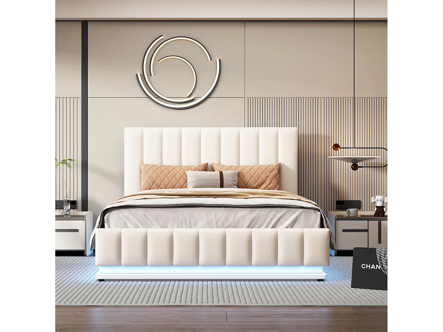 Gestoffeerd bed 140 x 200 cm met LED, metalen lattenbodem en opbergruimte, verstelbare hoofdbord