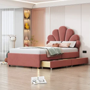 Gestoffeerd kinderbed 90×200 cm, frame met bloemhoofdeinde, lattenbodem, 2 opbergvakken, roze fluweel, meisjesbed Gestoffeerd kinderbed 90×200 cm, frame met bloemhoofdeinde, lattenbodem, 2 opbergvakken, roze fluweel, meisjesbed
