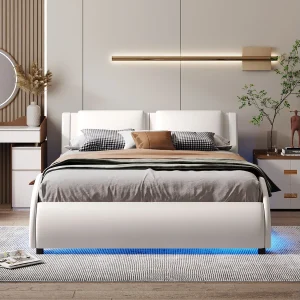 Gestoffeerd bed 140×200 cm van kunstleer met LED, lattenbodem inbegrepen, strak design, wit Gestoffeerd bed 140×200 cm van kunstleer met LED, lattenbodem inbegrepen, strak design, wit
