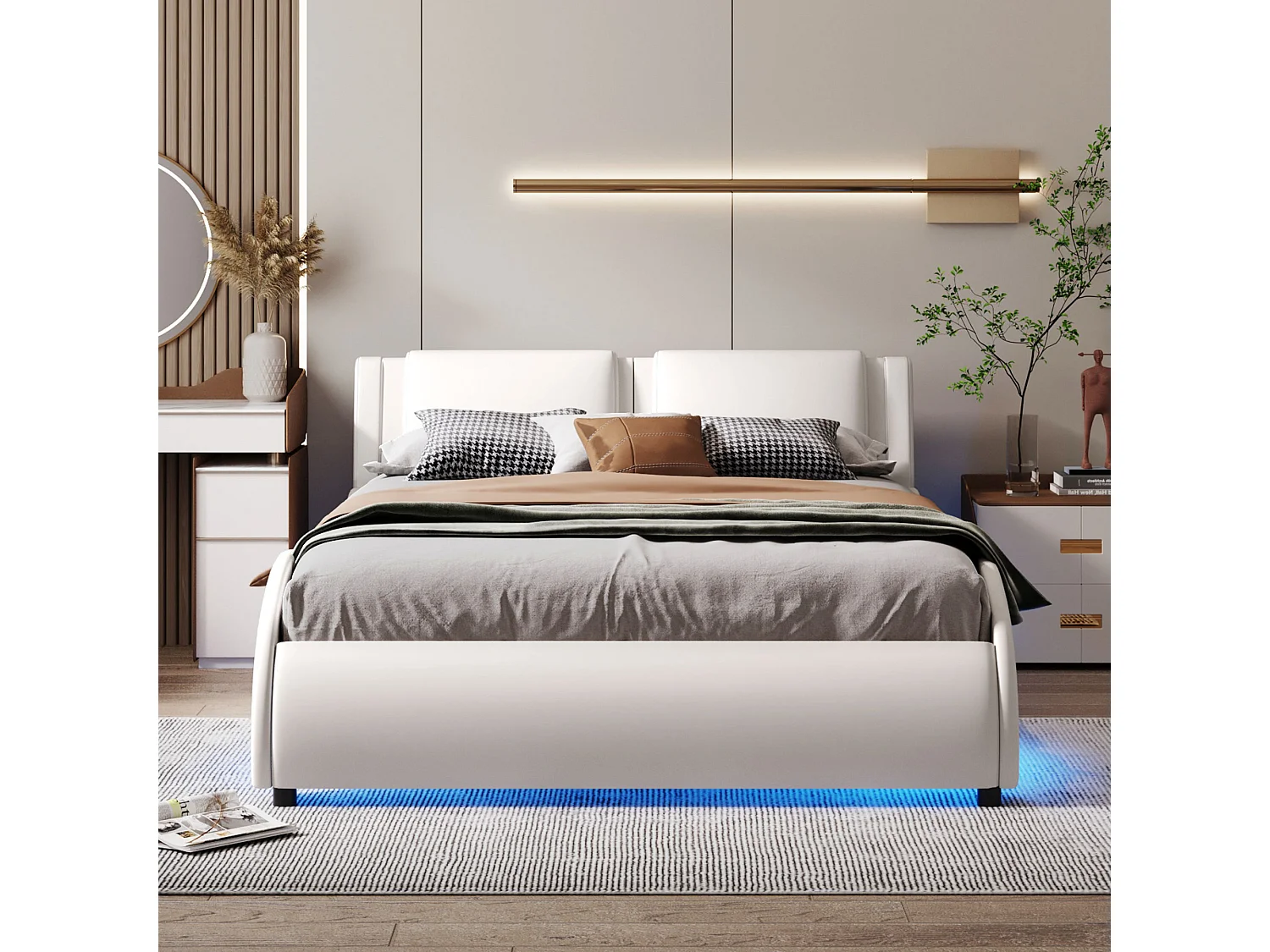 Gestoffeerd bed 140x200 cm van kunstleer met LED, lattenbodem inbegrepen, strak design, wit