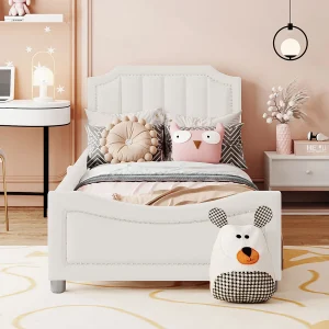Gestoffeerd kinderbed 90×200 cm, flanel slaapbank, rugleuning en armleuningen, ouder-kind bed, multifunctioneel, beige Gestoffeerd kinderbed 90×200 cm, flanel slaapbank, rugleuning en armleuningen, ouder-kind bed, multifunctioneel, beige