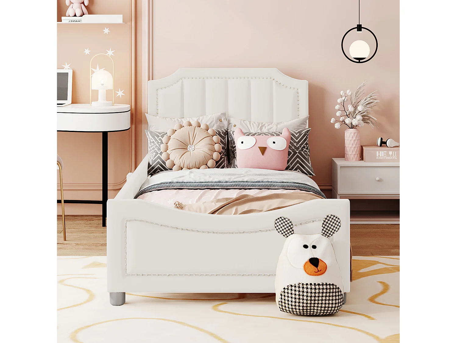 Gestoffeerd kinderbed 90x200 cm, flanel slaapbank, rugleuning en armleuningen, ouder-kind bed, multifunctioneel, beige