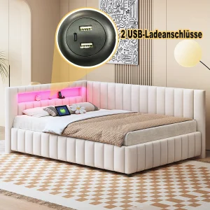 Hoekbank met slaapfunctie van velvet 140×200 cm, met LED-verlichting en USB-aansluiting, stevige rugleuning en frame beige Hoekbank met slaapfunctie van velvet 140×200 cm, met LED-verlichting en USB-aansluiting, stevige rugleuning en frame beige