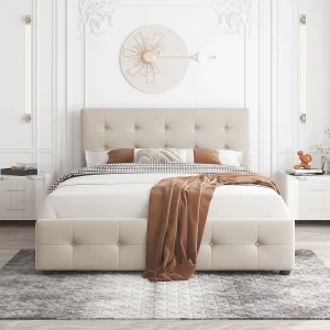 Gestoffeerd bed 140×200 cm met lades, lattenbodem, gestoffeerd hoofdeinde, beige fluweel, volwassenen en tieners