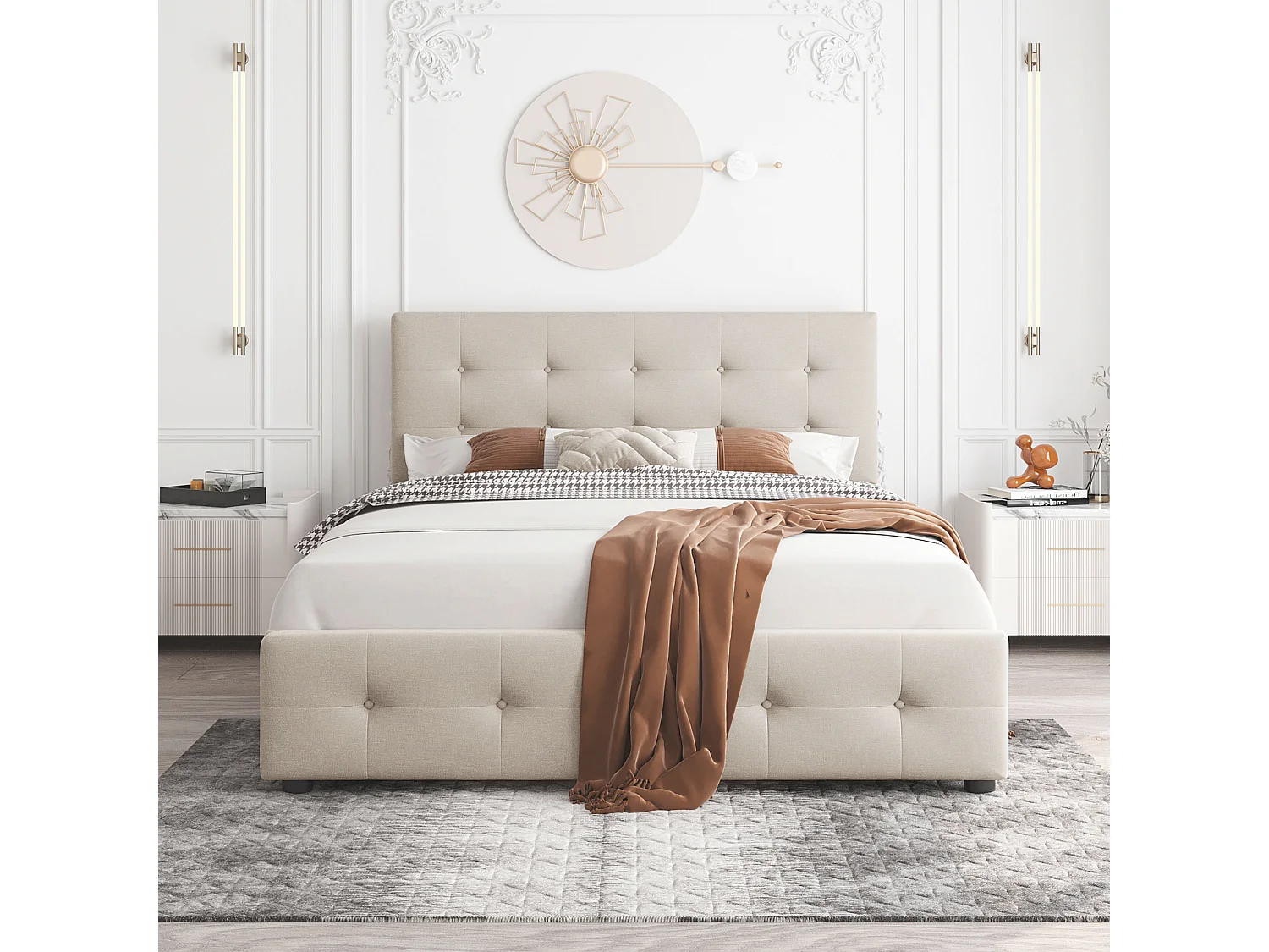 Gestoffeerd bed 140x200 cm met lades, lattenbodem, gestoffeerd hoofdeinde, beige fluweel, volwassenen en tieners