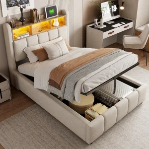 Gestoffeerd bed 90×200 cm met LED-verlichting en USB-aansluiting, hoofdeinde met opbergruimte en opslag, kinderbed