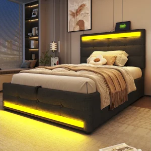 Gestoffeerd bed 90×200 cm met hydraulische opbergruimte, USB en RGB LED-strip, Grijs