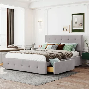 Gestoffeerd bed 140×200 cm met lades, lattenbodem, gestoffeerd hoofdeinde, grijs fluweel, volwassenen en tieners