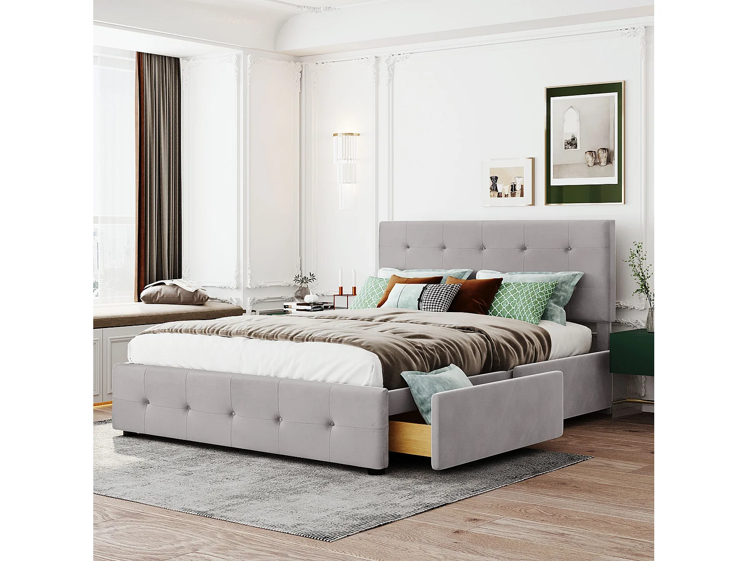 Gestoffeerd bed 140x200 cm met lades, lattenbodem, gestoffeerd hoofdeinde, grijs fluweel, volwassenen en tieners