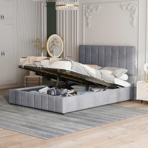 Gestoffeerd bed 140×200 cm met hydraulische opbergruimte, verstelbaar hoofdeinde, metalen lattenbodem, grijs fluweel, volwassenen- en juniorbed Gestoffeerd bed 140×200 cm met hydraulische opbergruimte, verstelbaar hoofdeinde, metalen lattenbodem, grijs fluweel, volwassenen- en juniorbed