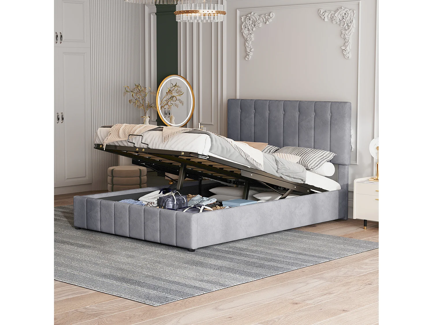 Gestoffeerd bed 140x200 cm met hydraulische opbergruimte, verstelbaar hoofdeinde, metalen lattenbodem, grijs fluweel, volwassenen- en juniorbed