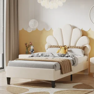 Gestoffeerd bed 90×200 cm bloemvormig hoofdeinde, lattenbodem inbegrepen, beige fluweel, praktisch meisjesbed