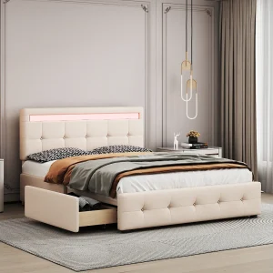 Gestoffeerd bed 140×200 cm LED, lattenbodem en rollende lades, hoofdeinde inbegrepen, linnen fluweel beige, kinderbed Gestoffeerd bed 140×200 cm LED, lattenbodem en rollende lades, hoofdeinde inbegrepen, linnen fluweel beige, kinderbed
