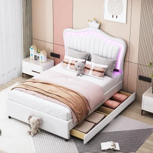 Gestoffeerd kinderbed 90×200 cm, wit PU-leer kroonbed voor meisjes, lades, LED en lattenbodem inbegrepen Gestoffeerd kinderbed 90×200 cm, wit PU-leer kroonbed voor meisjes, lades, LED en lattenbodem inbegrepen