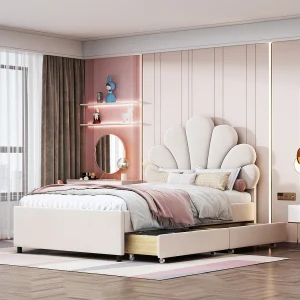 Gestoffeerd kinderbed 90×200 cm, frame met bloemhoofdeinde, lattenbodem, 2 opbergvakken, beige fluweel, meisjesbed Gestoffeerd kinderbed 90×200 cm, frame met bloemhoofdeinde, lattenbodem, 2 opbergvakken, beige fluweel, meisjesbed