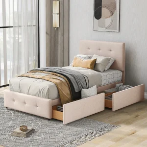 Gestoffeerd bed 90×200 cm met lades, lattenbodem, verstelbaar hoofdeinde, beige fluweel, praktisch kinderbed
