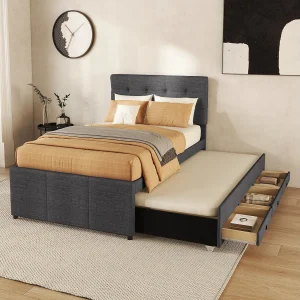 Gezinsbed 90×200 cm in grijze stof – Uitschuifbed met 3 lades, verstelbaar hoofdeinde, zonder matras
