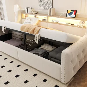 Gestoofde slaapbank met opbergruimte 90×200 cm – met LED-verlichting – opbergvakken – stopcontact + oplaadpoort – beige Gestoofde slaapbank met opbergruimte 90×200 cm – met LED-verlichting – opbergvakken – stopcontact + oplaadpoort – beige