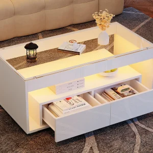 Glanzende salontafel 100x50x40 cm – met 2 laden – met LED-verlichting – Glazen blad – Wit