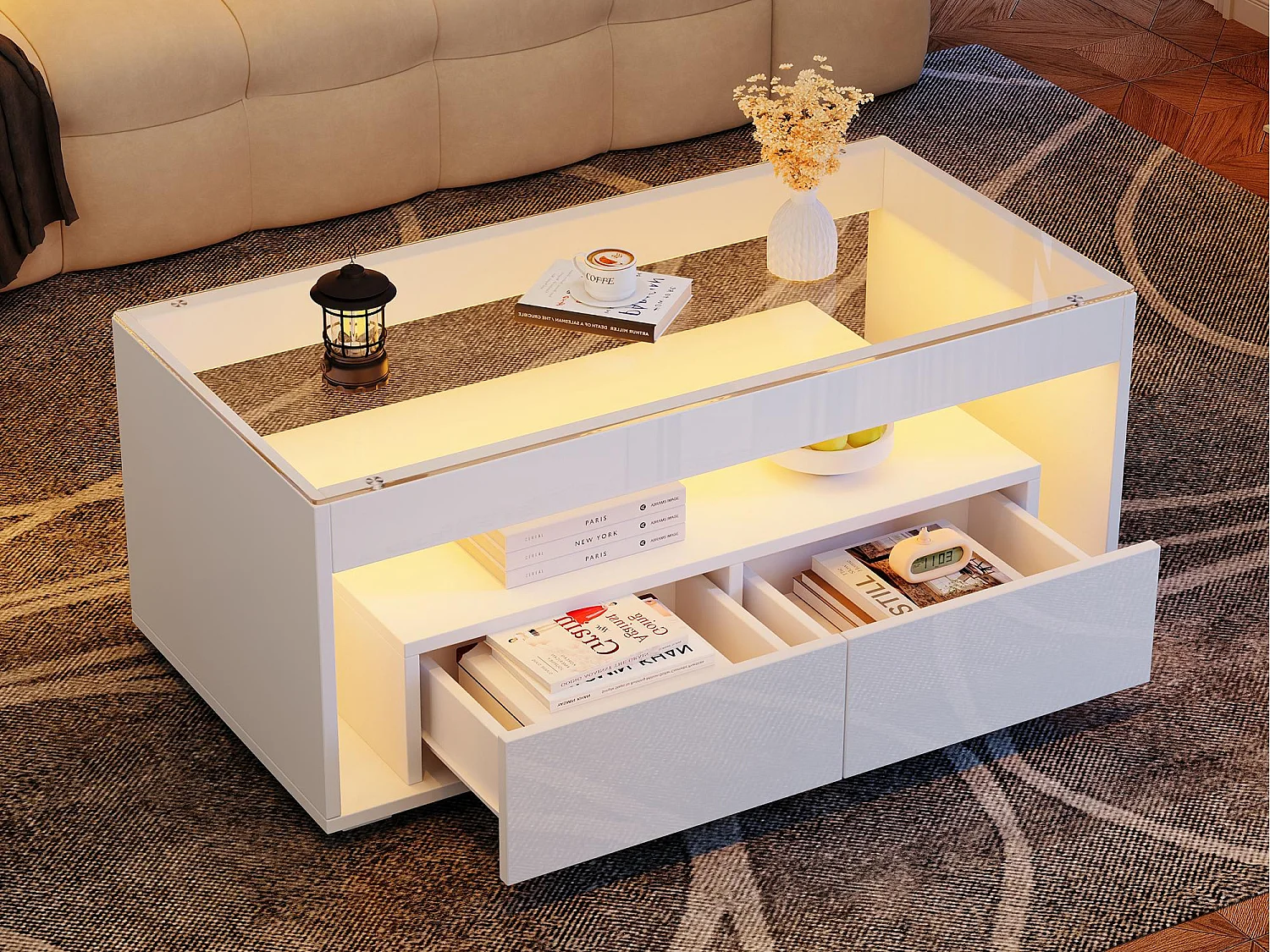 Glanzende salontafel 100x50x40 cm - met 2 laden - met LED-verlichting - Glazen blad - Wit