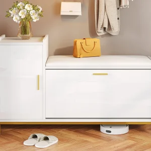 Glanzende schoenenkast 100x38x68 cm – met 2 deuren – met commode – Metalen poten – Wit + goud Glanzende schoenenkast 100x38x68 cm – met 2 deuren – met commode – Metalen poten – Wit + goud