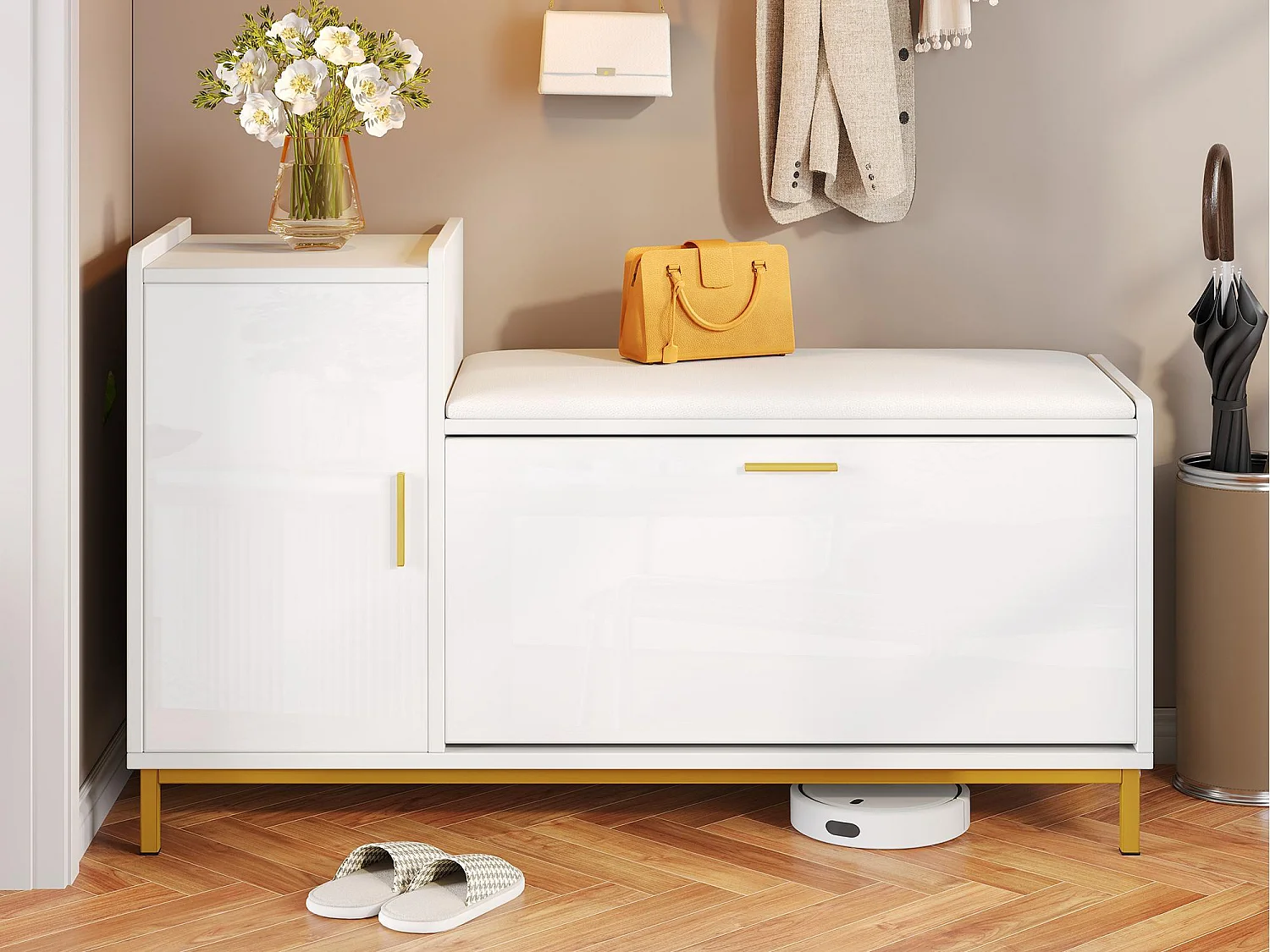 Glanzende schoenenkast 100x38x68 cm - met 2 deuren - met commode - Metalen poten - Wit + goud