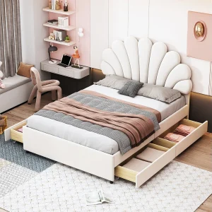 Gestoffeerd bed 140×200 cm beige fluweel – Bloemen hoofdbord, bedbodem, opbergruimte, tiener/volwassen bed