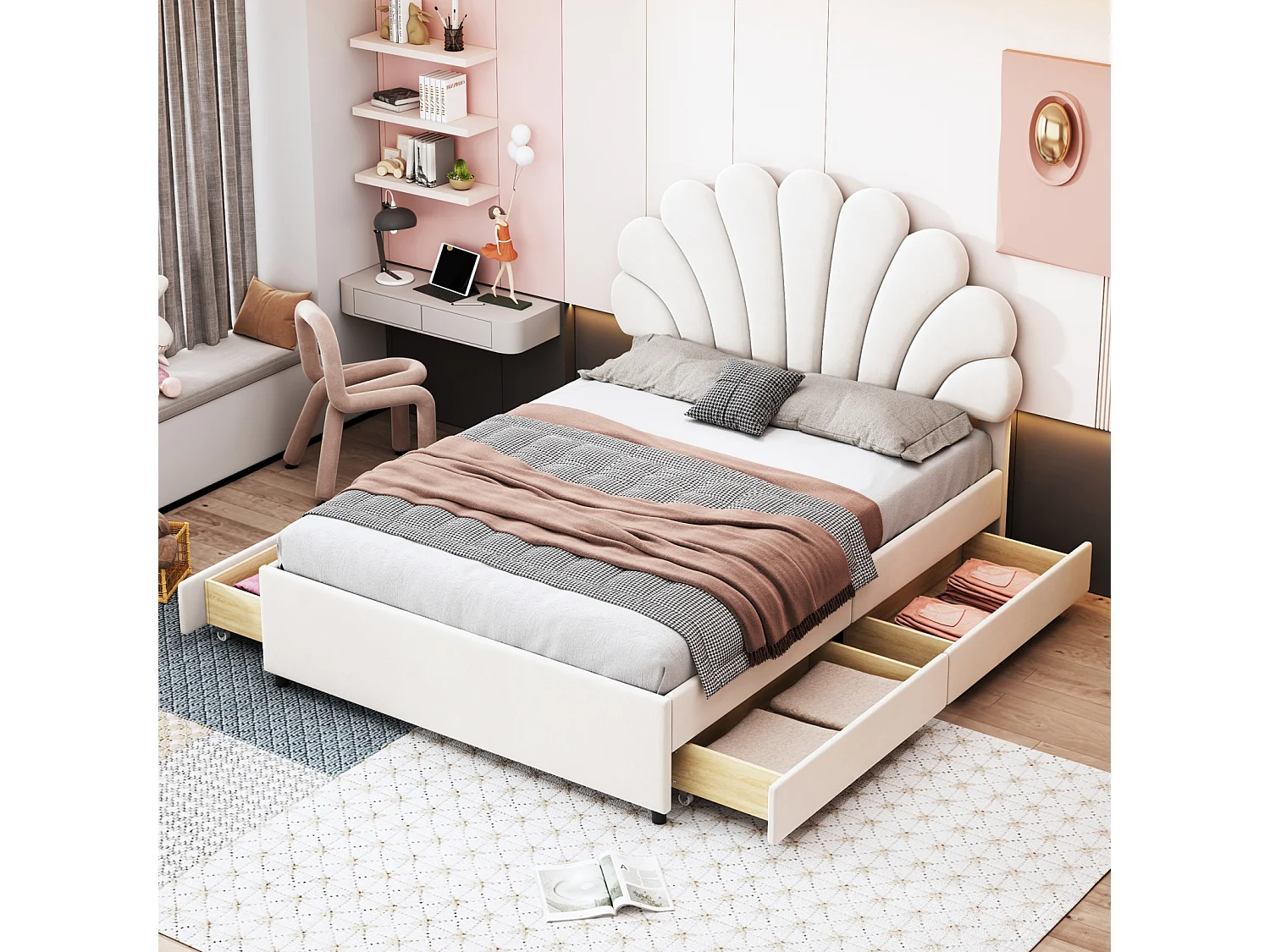 Gestoffeerd bed 140x200 cm beige fluweel – Bloemen hoofdbord, bedbodem, opbergruimte, tiener/volwassen bed