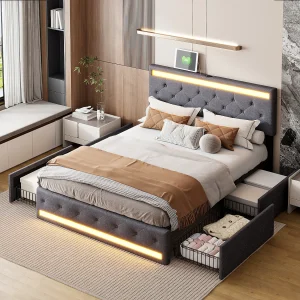 Gestoffeerd bed van 140 x 200 cm in fluweel, verstelbaar hoofdeinde, 4 lades, ledverlichting, tweepersoonsbed, grijs Gestoffeerd bed van 140 x 200 cm in fluweel, verstelbaar hoofdeinde, 4 lades, ledverlichting, tweepersoonsbed, grijs
