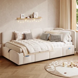 Gestoffeerd kinderbed 90×200 cm, met lattenbodem, USB-oplader, opbergtas, fluweel, beige Gestoffeerd kinderbed 90×200 cm, met lattenbodem, USB-oplader, opbergtas, fluweel, beige
