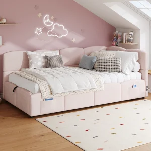 Gestoffeerd kinderbed 90×200 cm, met lattenbodem, USB-oplader, opbergtas, fluweel, roze Gestoffeerd kinderbed 90×200 cm, met lattenbodem, USB-oplader, opbergtas, fluweel, roze