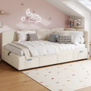 Gestoffeerd kinderbed 90×200 cm, met lattenbodem, Buchla-stof, USB-oplader, opbergtas, beige Gestoffeerd kinderbed 90×200 cm, met lattenbodem, Buchla-stof, USB-oplader, opbergtas, beige