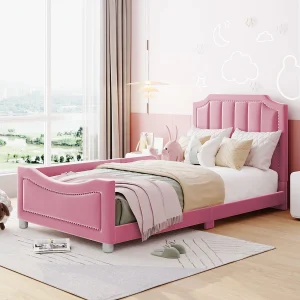 Gestoffeerd kinderbed 90×200 cm multifunctionele slaapbank in roze flanel met rugleuning en armleuningen, ouder-kindbed, logeerbed, juniorbed Gestoffeerd kinderbed 90×200 cm multifunctionele slaapbank in roze flanel met rugleuning en armleuningen, ouder-kindbed, logeerbed, juniorbed