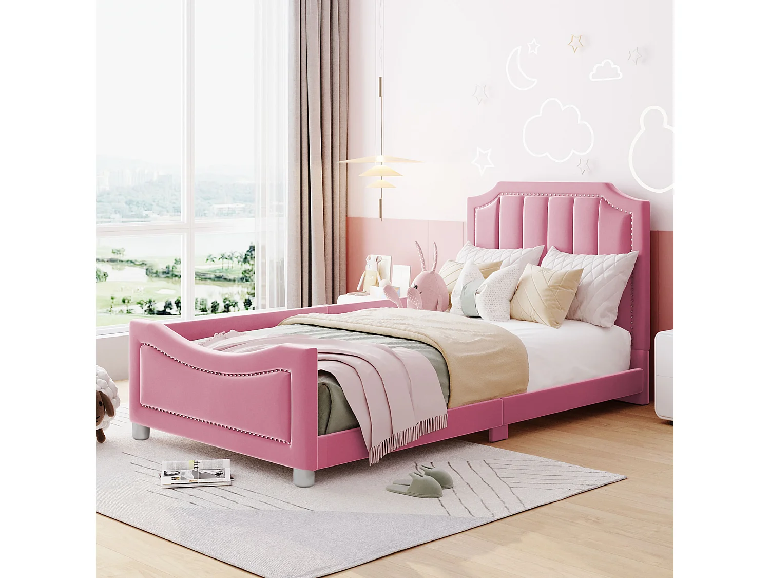 Gestoffeerd kinderbed 90x200 cm multifunctionele slaapbank in roze flanel met rugleuning en armleuningen, ouder-kindbed, logeerbed, juniorbed