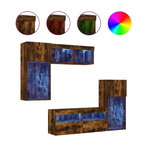 Grynti  5-delige tv-wandmeubelset met LED bewerkt hout gerookt eiken