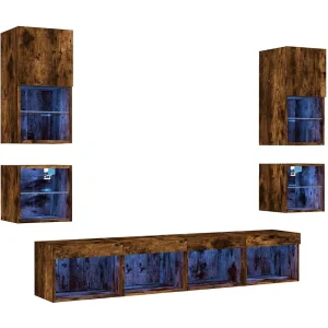 Hässleholm 8-delige tv-wandmeubelset met LED bewerkt hout gerookt eiken Hässleholm 8-delige tv-wandmeubelset met LED bewerkt hout gerookt eiken